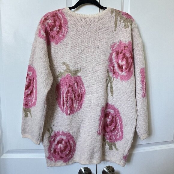 Vintage Golden Days Paris Fuzzy Knit  All Over Rose Floral Long Line Sweater - Picture 4 of 5